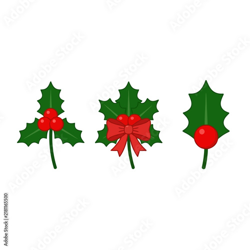 Set of christmas holly leaves with red berries and ribbon