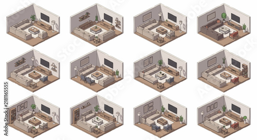 Isometric interior modules display various contemporary living room layouts with minimalist furniture arrangements.