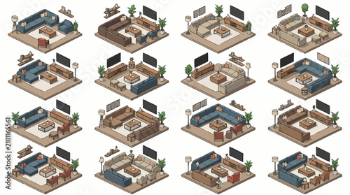 Living room layouts in isometric view display multiple furniture configurations with sofas, coffee tables, and television stands.
