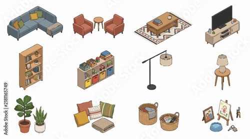 Furniture set features isometric icons of living room decor, including sofas, tables, bookshelves, plants, and television stand.