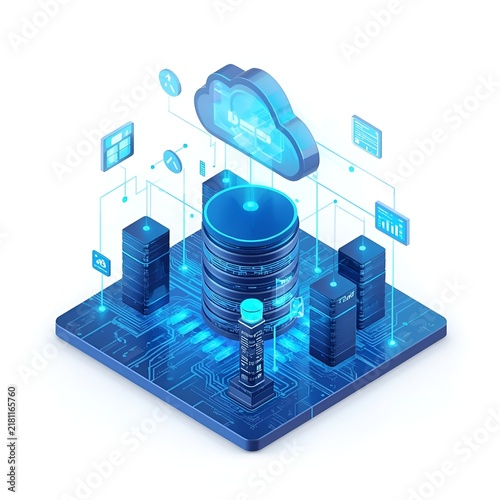 Plakat Isometric 3d cloud computing database server concept with glowing neon light
