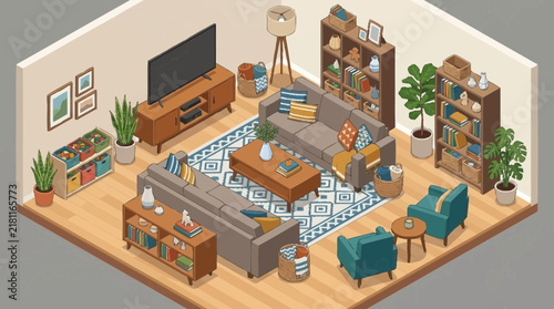 Isometric living room interior showcases modern home decor with comfortable sofas, bookshelves, entertainment center, and plants.