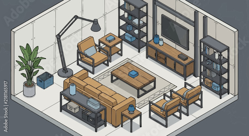 Living room interior in isometric view features a modern brown leather sofa, coffee table, television unit, and metal shelving.