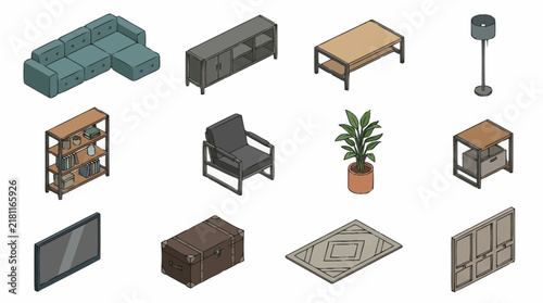 Furniture set in isometric perspective featuring modern living room decor including sofa, coffee table, shelf, armchair, plant, and cabinet.