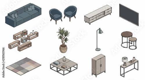 Modern living room furniture set with sofa, armchairs, television, and home decor items isolated on a clean white background.
