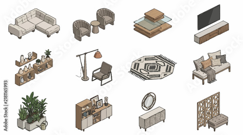 Modern furniture icons set showcases various isometric home interior objects including sofas, armchairs, storage units, decorative plants, and lighting fixtures.
