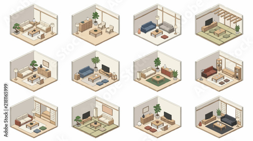 Isometric living room scenes display varied contemporary and minimalist interior floor arrangements for houses.