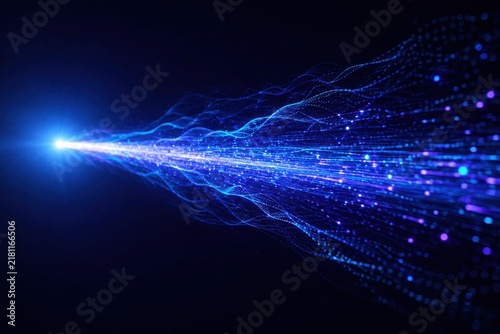 Abstract blue energy wave flowing through digital particles with bright light source on dark background