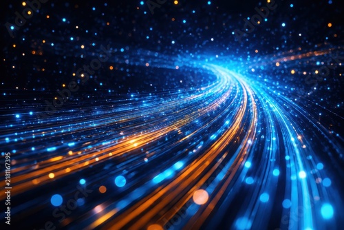 Abstract glowing blue and orange light streaks on a dark background representing fast data transfer and digital connection
