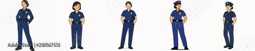 A set of vector illustrations of a female police officer posing while standing with her hands in her pockets.