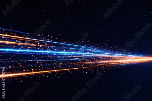 Abstract light trails moving forward with glowing particles against a dark starry background