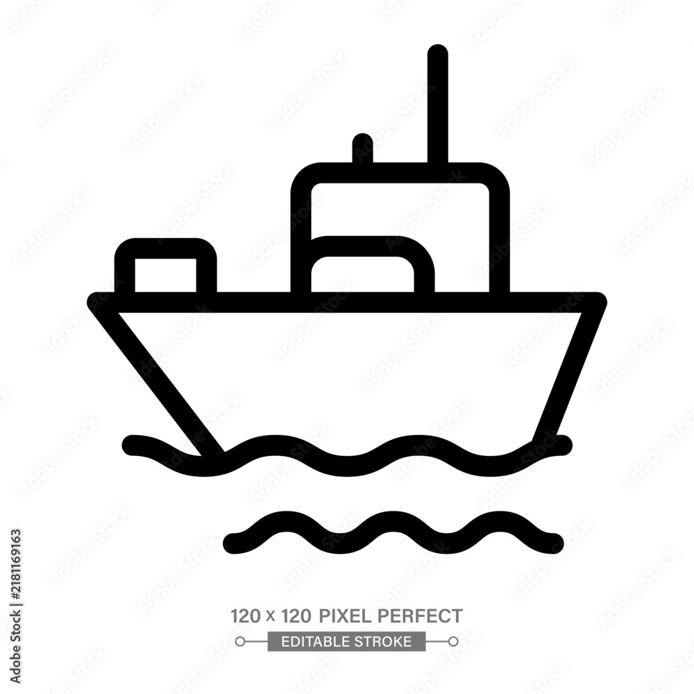 Obraz premium Ship icon. Boat, cargo, sea, vessel, transport symbol. Thin line editable stroke vector illustration.