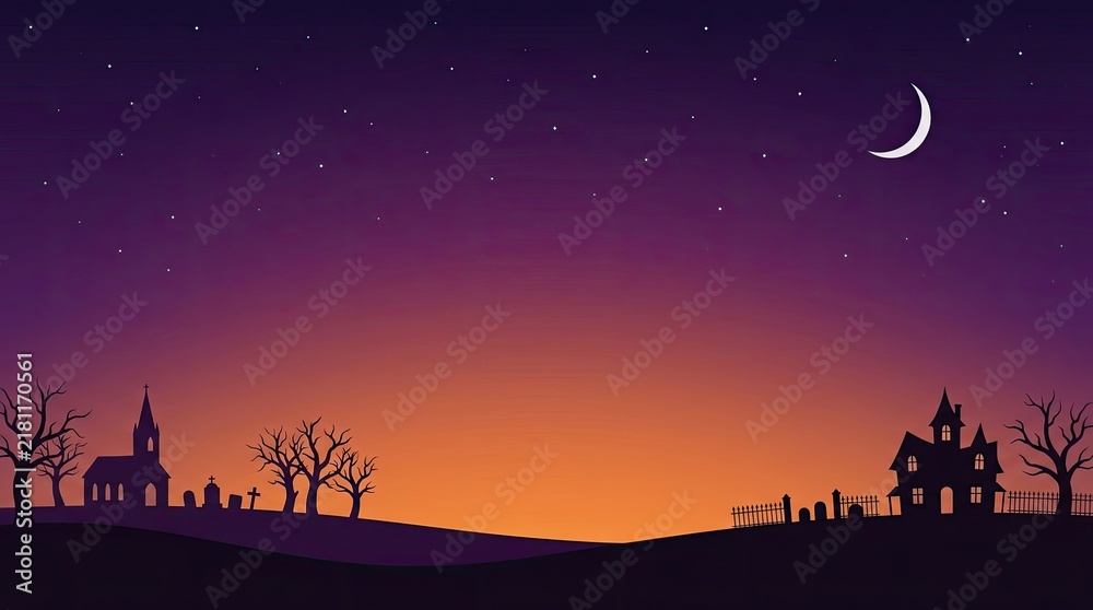 Fototapeta premium A spooky halloween landscape featuring a dark silhouette of a haunted house and a graveyard under a crescent moon