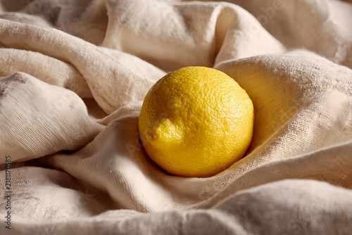 Fresh Yellow Lemon Nestled in Natural Linen Fabric