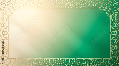 Elegant Islamic geometric pattern frame with a gradient background from golden cream to vibrant green, suitable for Ramadan or Eid celebrations.