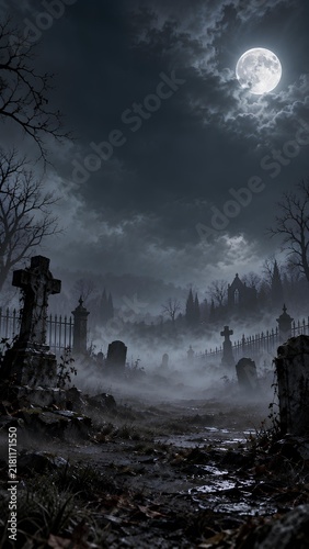 満月の下で霧に煙る古びた墓地の小道 / Old graveyard path misty under the light of a full moon (Generative AI)
