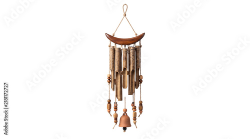Canvastavla Rustic bamboo wind chime with wooden crescent moon, decorative hanging garden mo
