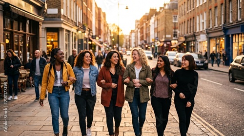 Diverse group of six women friends walking arm in arm down a charming European street at sunset