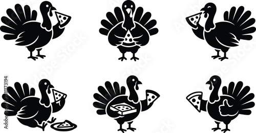 Set of funny turkeys eating pizza slices for a festive thanksgiving day celebration silhouette