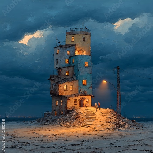 Isolated Tower with Glowing Windows in Snowy Landscape