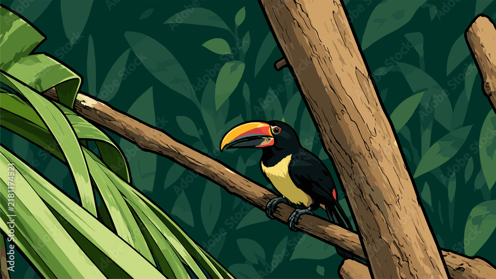 Obraz premium Cartoon Toucan Bird Illustration on Branch in Tropical Jungle