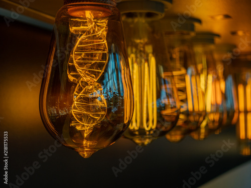 Close up of glowing vintage edison light bulbs with edison bulb