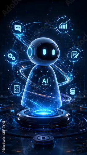 Futuristic AI agent robot character surrounded by holographic business technology icons on digital platform