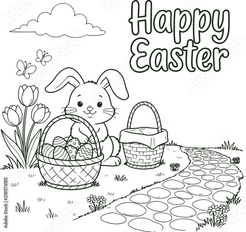 Happy Easter Coloring Page with Bunny and Baskets