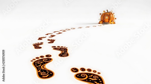 Halloween pumpkin house with decorative footprints isolated on white background