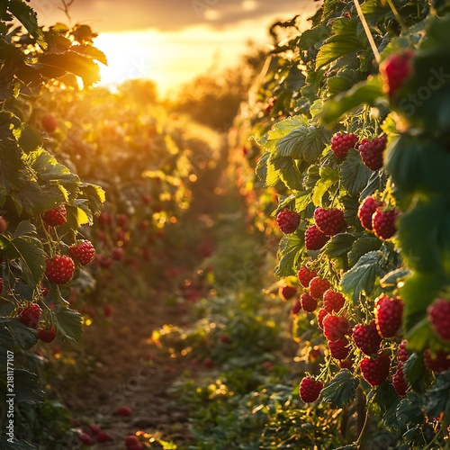 Golden Hour Raspberry Field - Sun-Kissed Berries on Lush Green Bushes at Sunset.