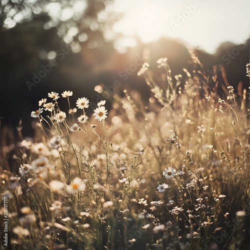 Golden hour sunlight illuminates a field of wild daisies and tall grasses, creating a serene natural landscape.