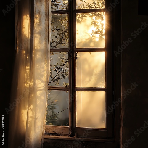 Golden Hour Sunlight Through Window with Sheer Curtain and Tree Branches.
