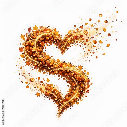 Heart shape formed by swirling pumpkins and autumn leaves isolated on white background