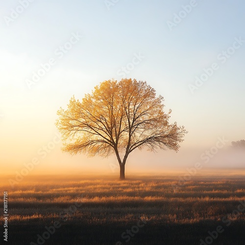 Golden Hour Sunrise Over a Solitary Tree in a Foggy Field.