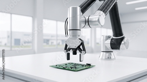 Obraz na płótnie Unbranded Collaborative Robotic Arm Inspecting Generic PCB Component