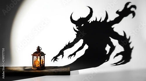 Spooky halloween lantern casting a monstrous shadow on white wall