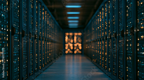 Symmetrical view of a futuristic data center server room with glowing lights