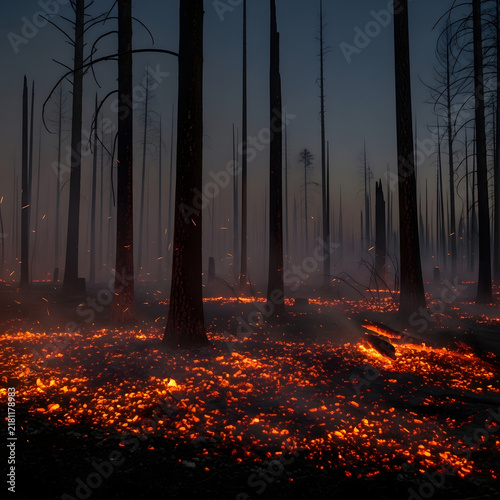 Glowing Embers and Burned Trees After Destructive Wildfire in Forest at Night