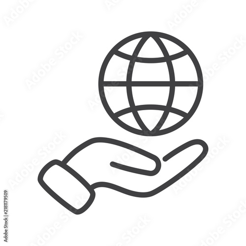 Outline globe on hand icon.