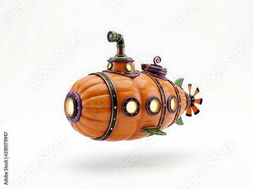 Steampunk submarine made from a pumpkin isolated on white background