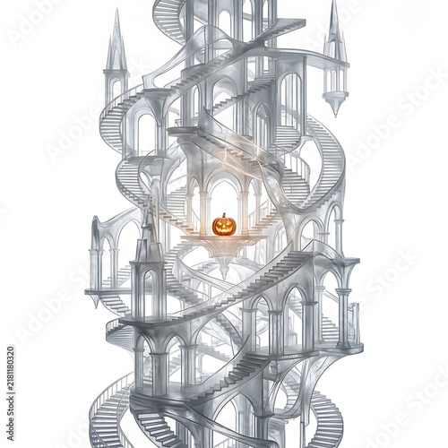 Glowing jackolantern pumpkin in a surreal spiraling staircase tower