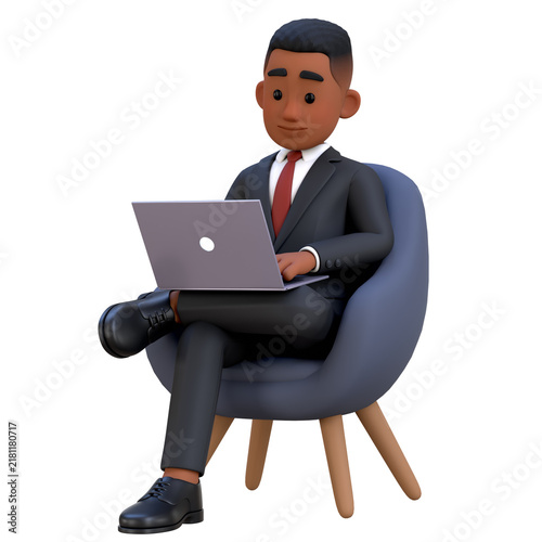 3D Black Businessman Character Sitting Working on Laptop