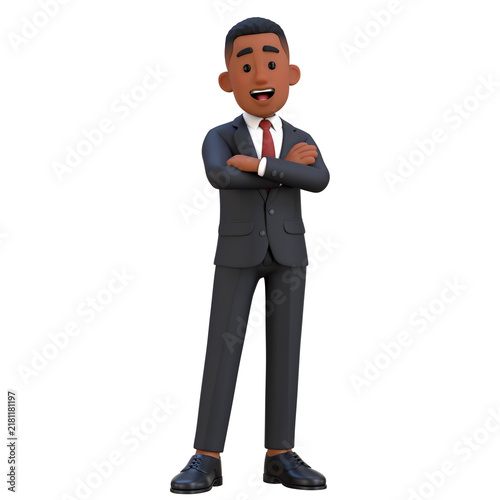 3D Black Businessman Character Arms Crossed