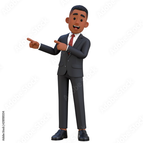 3D Black Businessman Character Pointing to Right