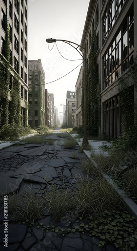 Post-apocalyptic abandoned urban street with overgrown vegetation and cracked asphalt in a desolate city ruins environment