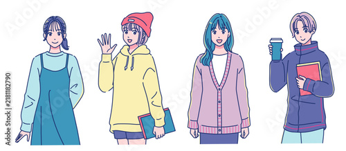 アニメタッチの可愛い女子生徒4人