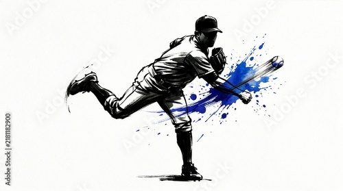 Sumi-e style illustration of a baseball pitcher throwing with blue splash