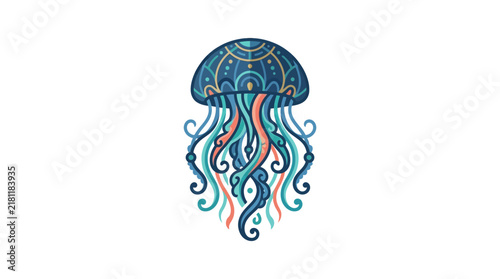 Decorative dark blue jellyfish with orange accents.