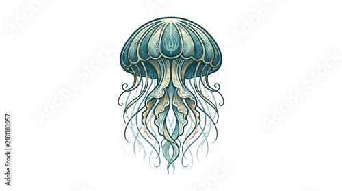Detailed ornate green jellyfish illustration for posters