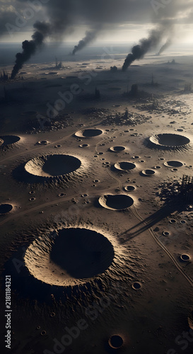 Desolate Wasteland Landscape Featuring Massive Impact Craters and Smoking Industrial Structures Under a Gloomy Overcast Sky